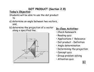 DOT PRODUCT (Section 2.9) 
Today’s Objective: 
Students will be able to use the dot product 
to 
a) determine an angle between two vectors, 
and, 
b) determine the projection of a vector 
along a specified line. 
In-Class Activities: 
• Check homework 
• Reading quiz 
• Applications / Relevance 
• Dot product - Definition 
• Angle determination 
• Determining the projection 
• Concept quiz 
• Group problem solving 
• Attention quiz 
 