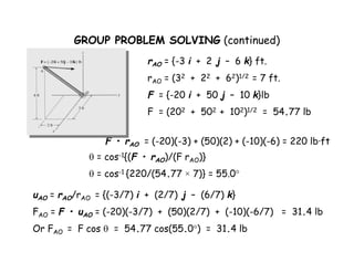 GROUP PROBLEM SOLVING (continued) 
rAO = {-3 i + 2 j – 6 k} ft. 
rAO = (32 + 22 + 62)1/2 = 7 ft. 
F = {-20 i + 50 j – 10 k}lb 
F = (202 + 502 + 102)1/2 = 54.77 lb 
F • rAO = (-20)(-3) + (50)(2) + (-10)(-6) = 220 lb·ft 
 = cos-1{(F • rAO)/(F rAO)} 
 = cos-1 {220/(54.77 × 7)} = 55.0° 
uAO = rAO/rAO = {(-3/7) i + (2/7) j – (6/7) k} 
FAO = F • uAO = (-20)(-3/7) + (50)(2/7) + (-10)(-6/7) = 31.4 lb 
Or FAO = F cos  = 54.77 cos(55.0°) = 31.4 lb 
