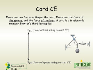 Statics (MET
2214)
Cord CE
There are two forces acting on the cord. These are the force of
the sphere, and the force of the knot. A cord is a tension only
member. Newton’s third law applies.
 