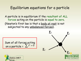 Statics (MET
2214)
Equilibrium equations for a particle
A particle is in equilibrium if the resultant of ALL
forces acting on the particle is equal to zero.
(Newton’s first law is that a body at rest is not
subjected to any unbalanced forces).
Sum of all forces acting
on a particle = 0F =∑
 