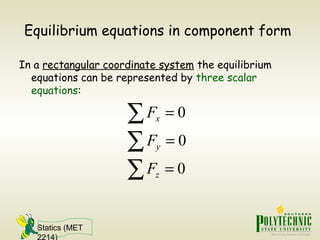 Statics (MET
2214)
Equilibrium equations in component form
In a rectangular coordinate system the equilibrium
equations can be represented by three scalar
equations:
0
0
0
x
y
z
F
F
F
=
=
=
∑
∑
∑
 