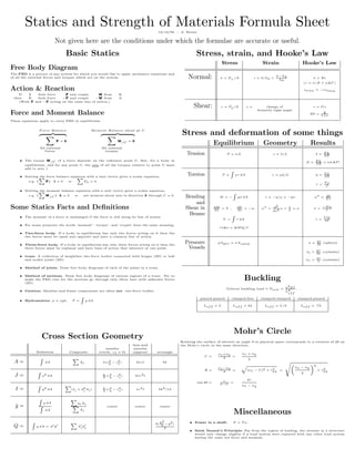 Statics and Strength of Materials Formula Sheet12/12/94 — A. Ruina
Not given here are the conditions under which the formulae are accurate or useful.
Basic Statics
Free Body Diagram
The FBD is a picture of any system for which you would like to apply mechanics equations and
of all the external forces and torques which act on the system.
Action & Reaction
If A feels force FFFFFFFFFF and couple MMMMMMMMMM from B.
then B feels force −FFFFFFFFFF and couple −MMMMMMMMMM from A.
(With FFFFFFFFFF and −FFFFFFFFFF acting on the same line of action.)
Force and Moment Balance
These equations apply to every FBD in equilibrium:
F orce Balance
All external
forces
FFFFFFFFFF = 0000000000
Moment Balance about pt C
All external
torques
MMMMMMMMMM/C = 0000000000
• The torque MMMMMMMMMM/C of a force depends on the reference point C. But, for a body in
equilibrium, and for any point C, the sum of all the torques relative to point C must
add to zero ).
• Dotting the force balance equation with a unit vector gives a scalar equation,
e.g. { FFFFFFFFFF} · iiiiiiiiii = 0 ⇒ Fx = 0.
• Dotting the moment balance equation with a unit vector gives a scalar equation,
e.g. { MMMMMMMMMM/C }·λλλλλλλλλλ = 0 ⇒ net moment about axis in direction λλλλλλλλλλ through C = 0.
Some Statics Facts and Deﬁnitions
• The moment of a force is unchanged if the force is slid along its line of action.
• For many purposes the words ‘moment’, ‘torque’, and ‘couple’ have the same meaning.
• Two-force body. If a body in equilibrium has only two forces acting on it then the
two forces must be equal and opposite and have a common line of action.
• Three-force body. If a body in equilibrium has only three forces acting on it then the
three forces must be coplanar and have lines of action that intersect at one point.
• truss: A collection of weightless two-force bodies connected with hinges (2D) or ball
and socket joints (3D).
• Method of joints. Draw free body diagrams of each of the joints in a truss.
• Method of sections. Draw free body diagrams of various regions of a truss. Try to
make the FBD cuts for the sections go through only three bars with unknown forces
(2D).
• Caution: Machine and frame components are often not two-force bodies.
• Hydrostatics: p = ρgh, F = p dA
Cross Section Geometry
thin-wall
annulus annulus
Definition Composite (circle: c1 = 0) (approx) rectangle
A = dA Ai π(c2
2
− c2
1
) 2πct bh
J = ρ2 dA π
2
(c4
2
− c4
1
) 2πc3t
I = y2 dA (Ii + d2
i
Ai) π
4
(c4
2
− c4
1
) πc3t bh3/12
¯y =
y dA
dA
yiAi
Ai
center center center
Q = y dA = A ¯y A
i
¯y
i
b( h2
4
−y2)
2
Stress, strain, and Hooke’s Law
Stress Strain Hooke’s Law
Normal: σ = P⊥/A = δ/L0 =
L−L0
L0
σ = E
[ = σ/E + α∆T ]
tran = −ν long
Shear: τ = P /A γ = change of
formerly right angle
τ = Gγ
2G = E
1+ν
Stress and deformation of some things
Equilibrium Geometry Results
Tension P = σA = δ/L δ = P L
AE
[δ = P L
AE
+ αL∆T ]
Torsion T = ρτ dA γ = ρφ/L φ = T L
JG
τ =
T ρ
J
Bending M = − yσ dA = −y/ρ = −yκ u = M
EI
and
Shear in dM
dx
= V , dV
dx
= −w u = d2
dx2
u = 1
ρ
= κ σ =
−My
I
Beams
V = τ dA τ =
V Q
It
τt∆x = ∆MQ/I
Pressure pAgas = σAsolid σ =
pr
2t
(sphere)
Vessels
σl =
pr
2t
(cylinder)
σc =
pr
t
(cylinder)
Buckling
Critical buckling load = Pcrit = π2EI
L2
eff
.
pinned-pinned clamped-free clamped-clamped clamped-pinned
Leff = L Leff = 2L Leff = L/2 Leff = .7L
Mohr’s Circle
Rotating the surface of interest an angle θ in physical space corresponds to a rotation of 2θ on
the Mohr’s circle in the same direction.
C =
σ1+σ2
2
=
σx + σy
2
R =
σ1−σ2
2
= (σx − C)2 + τ2
xy =
σx − σy
2
2
+ τ2
xy
tan 2θ = τ
σ−C
=
2τ
σx − σy
Miscellaneous
• Power in a shaft: P = T ω.
• Saint Venant’s Principle: Far from the region of loading, the stresses in a structure
would only change slightly if a load system were replaced with any other load system
having the same net force and moment.
 
