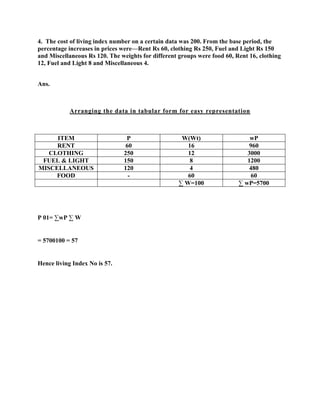 4. The cost of living index number on a certain data was 200. From the base period, the
percentage increases in prices were—Rent Rs 60, clothing Rs 250, Fuel and Light Rs 150
and Miscellaneous Rs 120. The weights for different groups were food 60, Rent 16, clothing
12, Fuel and Light 8 and Miscellaneous 4.


Ans.



            Arranging the data in tabular form for easy representation



     ITEM                       P                    W(Wt)                    wP
     RENT                       60                     16                     960
   CLOTHING                    250                     12                    3000
 FUEL & LIGHT                  150                      8                    1200
MISCELLANEOUS                  120                      4                     480
     FOOD                        -                     60                      60
                                                    ∑ W=100               ∑ wP=5700




P 01= ∑wP ∑ W


= 5700100 = 57


Hence living Index No is 57.
 