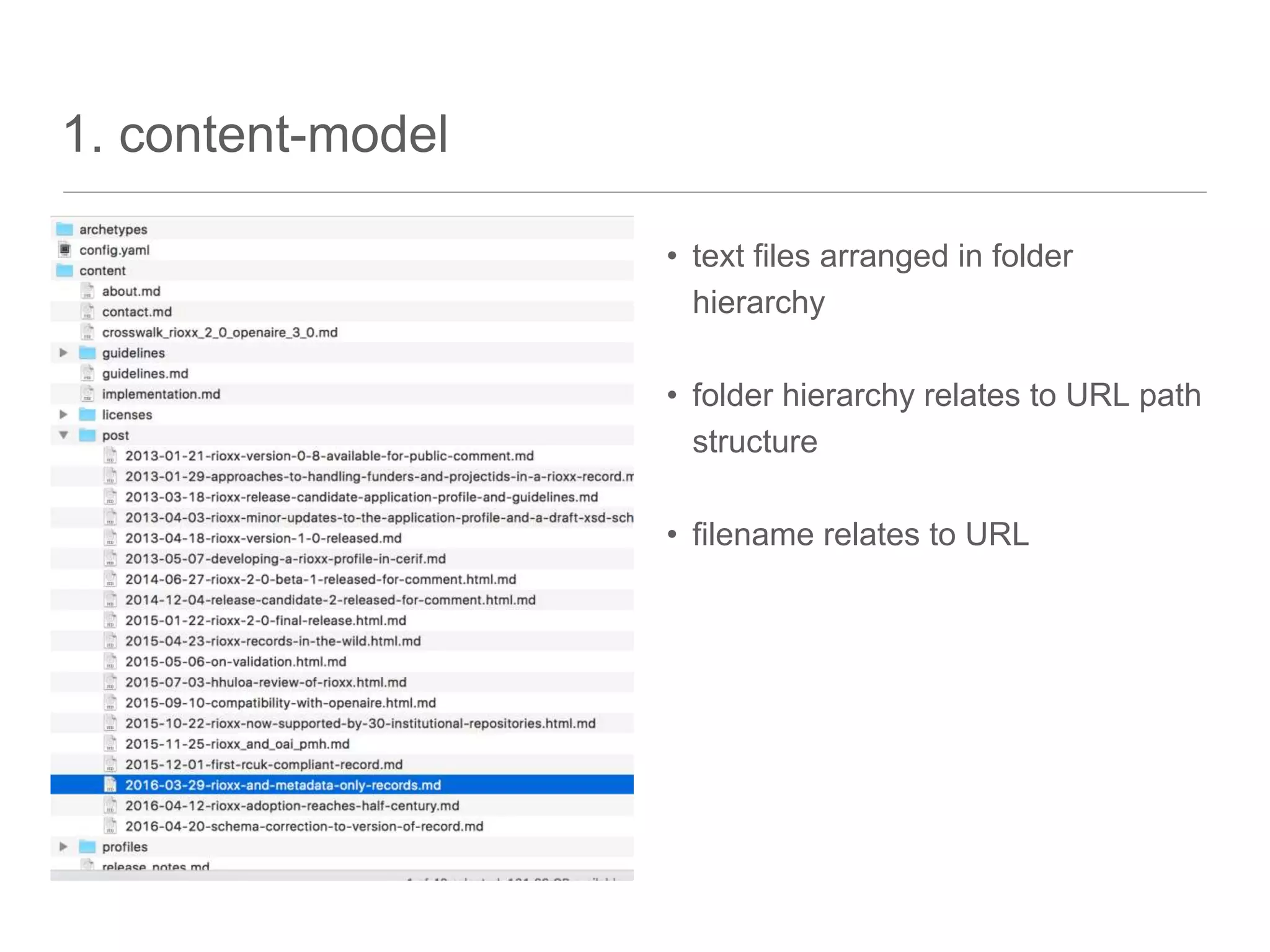 1. content-model
• text files arranged in folder
hierarchy
• folder hierarchy relates to URL path
structure
• filename relates to URL
 