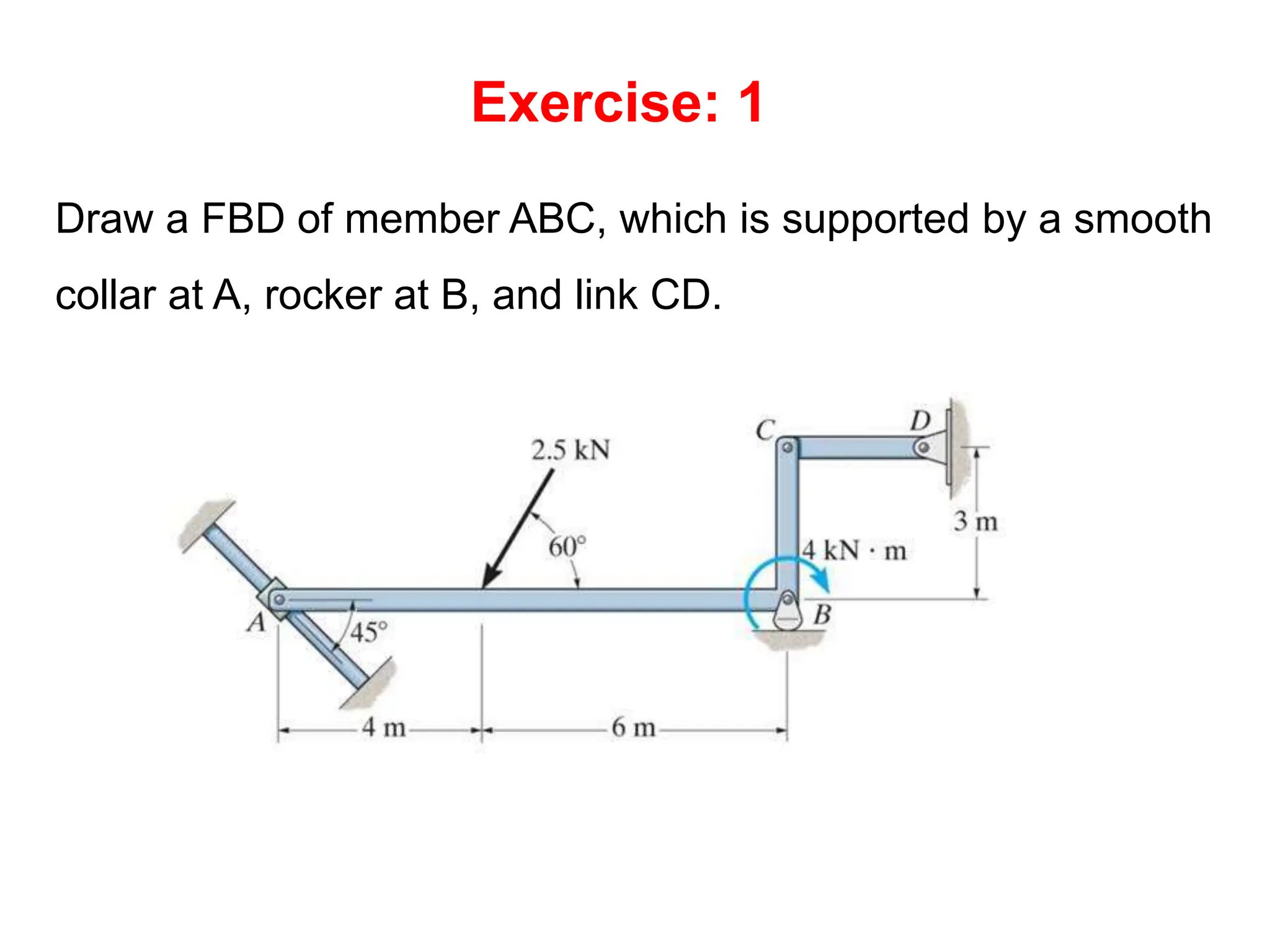 Exercise: 1
Draw a FBD of member ABC, which is supported by a smooth
collar at A, rocker at B, and link CD.
 