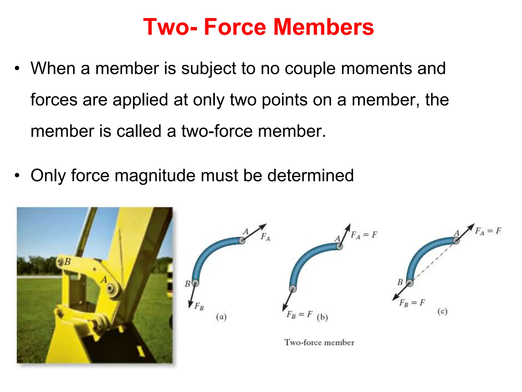 Two- Force Members
• When a member is subject to no couple moments and
forces are applied at only two points on a member, the
member is called a two-force member.
• Only force magnitude must be determined
 