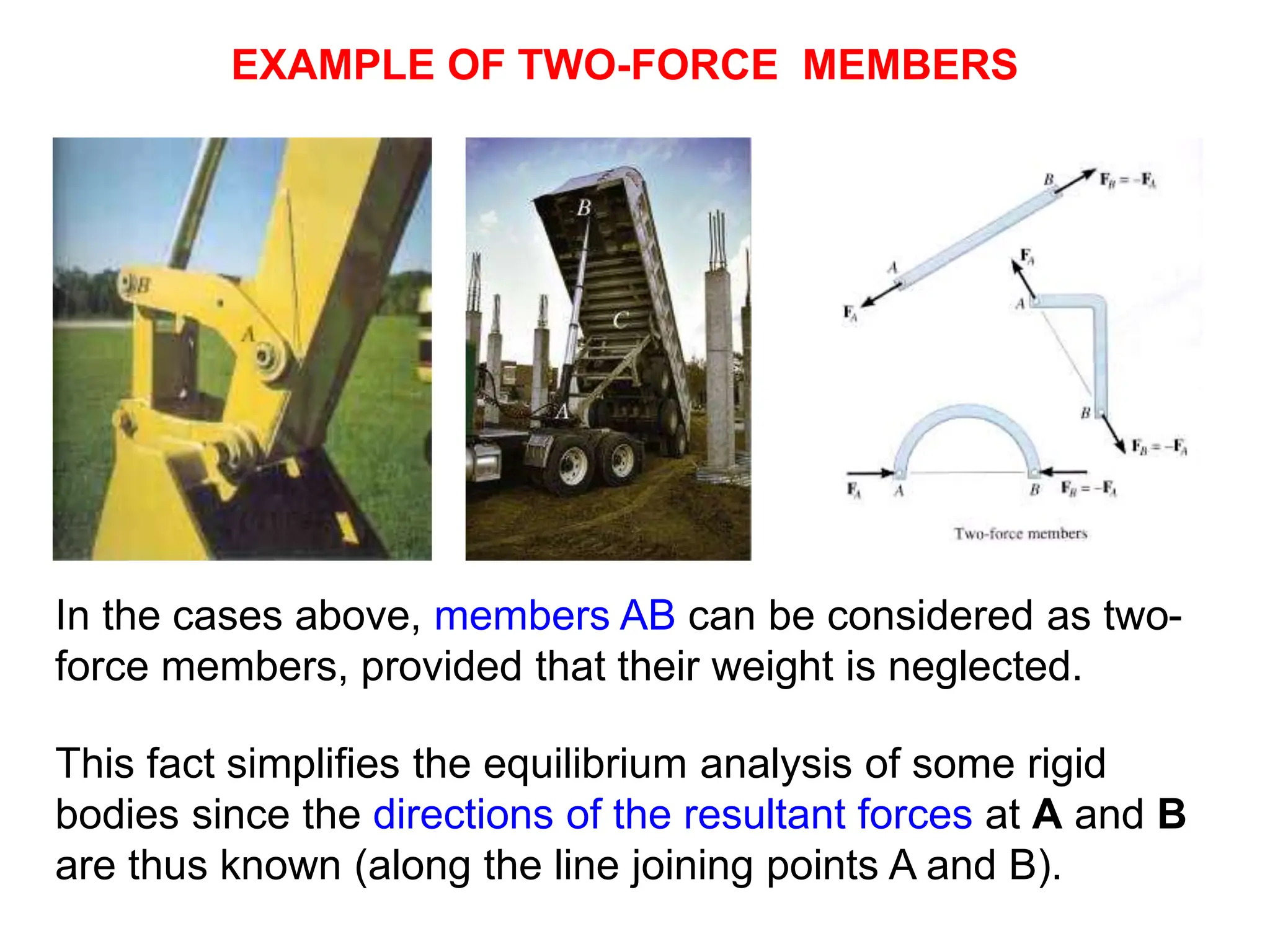 EXAMPLE OF TWO-FORCE MEMBERS
In the cases above, members AB can be considered as two-
force members, provided that their weight is neglected.
This fact simplifies the equilibrium analysis of some rigid
bodies since the directions of the resultant forces at A and B
are thus known (along the line joining points A and B).
 