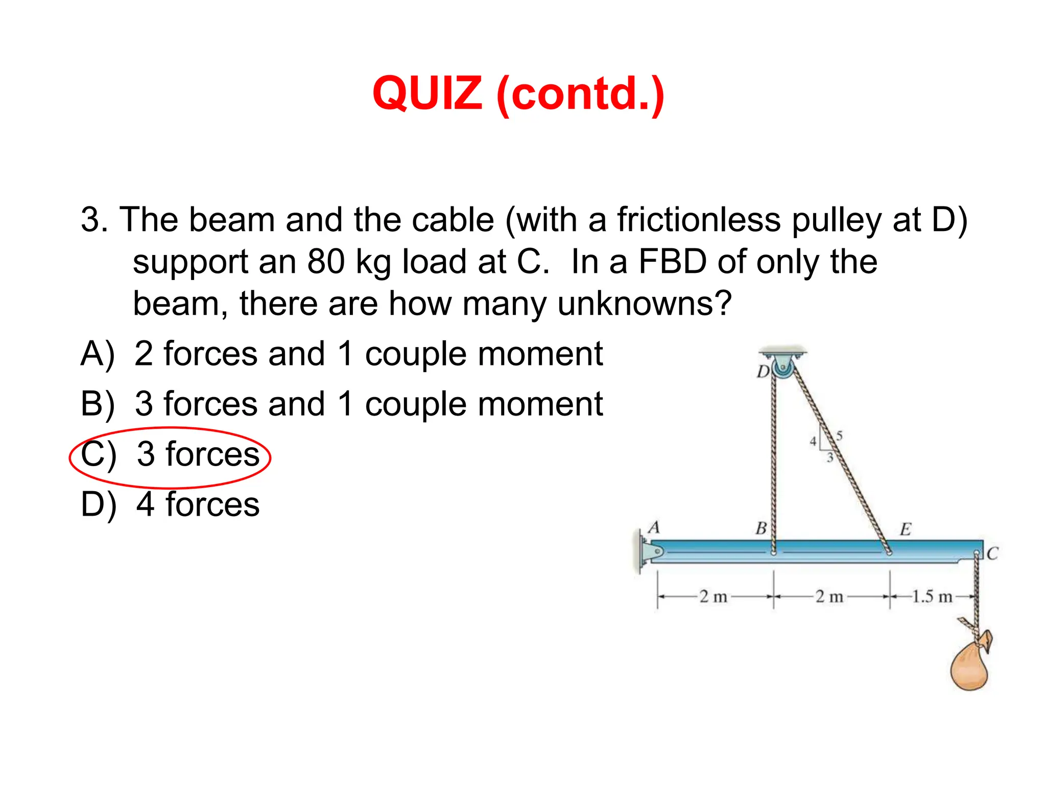 QUIZ (contd.)
3. The beam and the cable (with a frictionless pulley at D)
support an 80 kg load at C. In a FBD of only the
beam, there are how many unknowns?
A) 2 forces and 1 couple moment
B) 3 forces and 1 couple moment
C) 3 forces
D) 4 forces
 