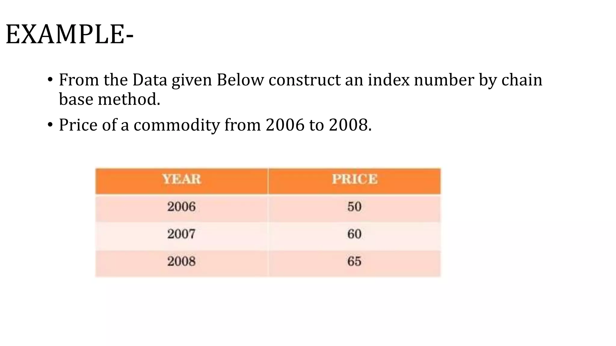 EXAMPLE-
• From the Data given Below construct an index number by chain
base method.
• Price of a commodity from 2006 to 2008.
 