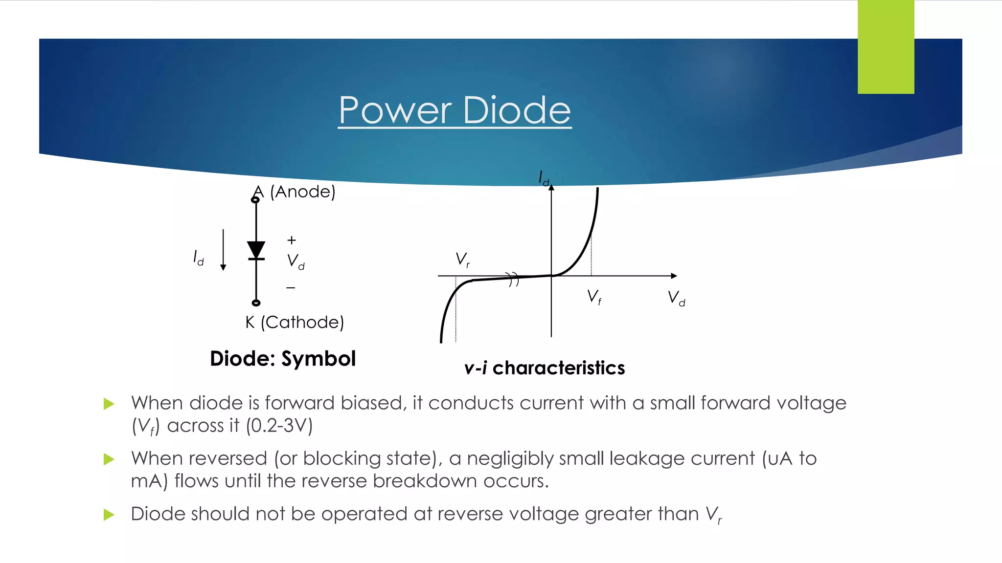 Power Diode
 When diode is forward biased, it conducts current with a small forward voltage
(Vf) across it (0.2-3V)
 When reversed (or blocking state), a negligibly small leakage current (uA to
mA) flows until the reverse breakdown occurs.
 Diode should not be operated at reverse voltage greater than Vr
A (Anode)
K (Cathode)
+
Vd
_
Id
Diode: Symbol
Id
VdVf
Vr
v-i characteristics
 