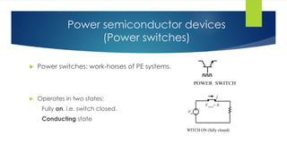 Power semiconductor devices
(Power switches)
 Power switches: work-horses of PE systems.
 Operates in two states:
Fully on. i.e. switch closed.
Conducting state
POWER SWITCH
SWITCH ON (fully closed)
Vin
Vswitch= 0
I
 