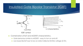 Insulated Gate Bipolar Transistor (IGBT)
 Combination of BJT and MOSFET characteristics.
 Gate behaviour similar to MOSFET - easy to turn on and off.
 Low losses like BJT due to low on-state Collector-Emitter voltage (2-3V).
IGBT: symbol
+
VCE
_
IC
C (collector)
G
(gate)
E (emitter)
+
VGE _
VCE
VGE
v-i characteristics
VCE (sat)
 