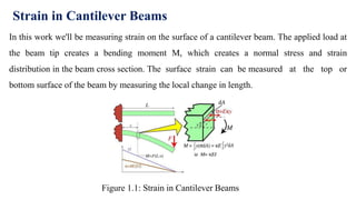Strain in Cantilever Beams
In this work we'll be measuring strain on the surface of a cantilever beam. The applied load at
the beam tip creates a bending moment M, which creates a normal stress and strain
distribution in the beam cross section. The surface strain can be measured at the top or
bottom surface of the beam by measuring the local change in length.
Figure 1.1: Strain in Cantilever Beams
 