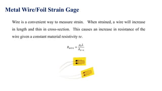 Wire is a convenient way to measure strain. When strained, a wire will increase
in length and thin in cross-section. This causes an increase in resistance of the
wire given a constant material resistivity re.
Metal Wire/Foil Strain Gage
𝑅𝑤𝑖𝑟𝑒 =
𝜌𝑒𝐿
𝐴𝑥−𝑠
 
