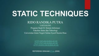 HTTP://SIF.UIN-SUSKA.AC.ID/
HTTP://FST.UIN-SUSKA.AC.ID/
HTTP://WWW.UIN-SUSKA.AC.ID/
REFERENSI GRAHAM ET.AL (2006)
RIDO RANDIKA PUTRA
11453101593
Program Studi S1 Sistem Informasi
Fakultas Sains dan Teknologi
Universitas Islam Negeri Sultan Syarif Kasim Riau
STATIC TECHNIQUES
 