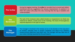During the logging meeting, the scribe (or recorder) has to record each defect
mentioned and any suggestions for process improvement. In practice it is
often the author who plays this role, ensuring that the log is readable and
understandable.
The Scribe
The task of the reviewers (also called checkers or inspectors) is to check any
material for defects, mostly prior to the meeting. The level of thoroughness
required depends on the type of review.
The
Reviewers
The manager is involved in the reviews as he or she decides on the execution
of reviews, allocates time in project schedules and determines whether
review process objectives have been met. The manager will also take care of
any review training requested by the participants
The
Manager
 