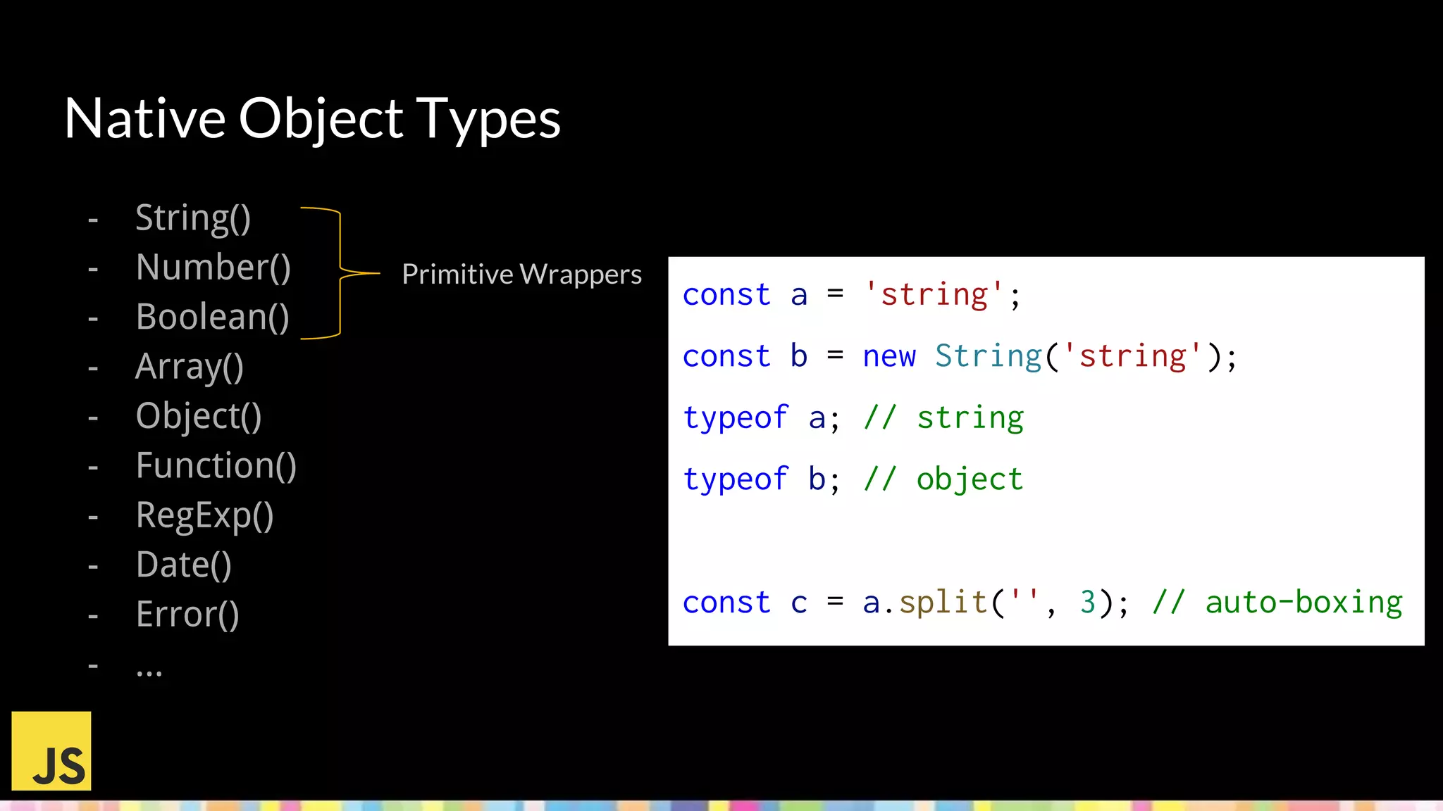 Native Object Types
- String()
- Number()
- Boolean()
- Array()
- Object()
- Function()
- RegExp()
- Date()
- Error()
- ...
const a = 'string';
const b = new String('string');
typeof a; // string
typeof b; // object
const c = a.split('', 3); // auto-boxing
Primitive Wrappers
 