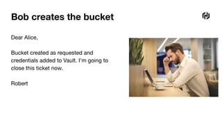 Bob creates the bucket
Dear Alice,
Bucket created as requested and
credentials added to Vault. I’m going to
close this ticket now.
Robert
 