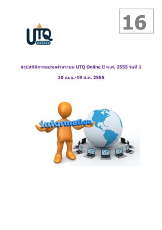 16
                                                           0




สรุปสถิตการอบรมผ่านระบบ UTQ Online ปี พ.ศ. 2555 รุนที! 1
        ิ                                         ่

                 20 เม.ย.-19 ส.ค. 2555
 