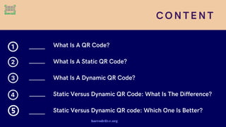 CONTENT
What Is A QR Code?
What Is A Static QR Code?
What Is A Dynamic QR Code?
Static Versus Dynamic QR Code: What Is The...