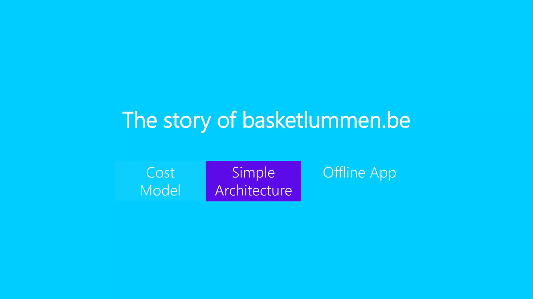 The story of basketlummen.be
Cost
Model
Simple
Architecture
Offline App
 