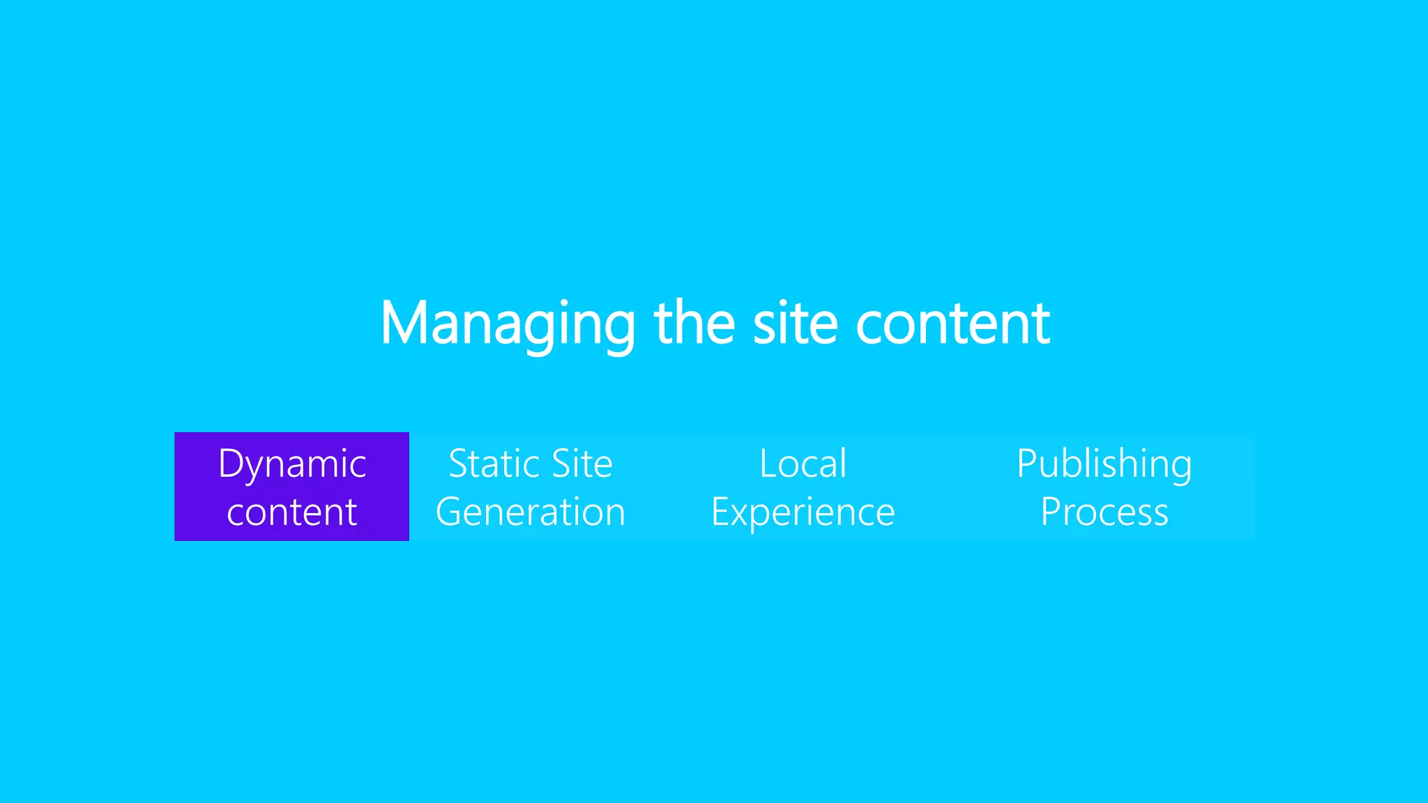 Managing the site content
Dynamic
content
Static Site
Generation
Local
Experience
Publishing
Process
 