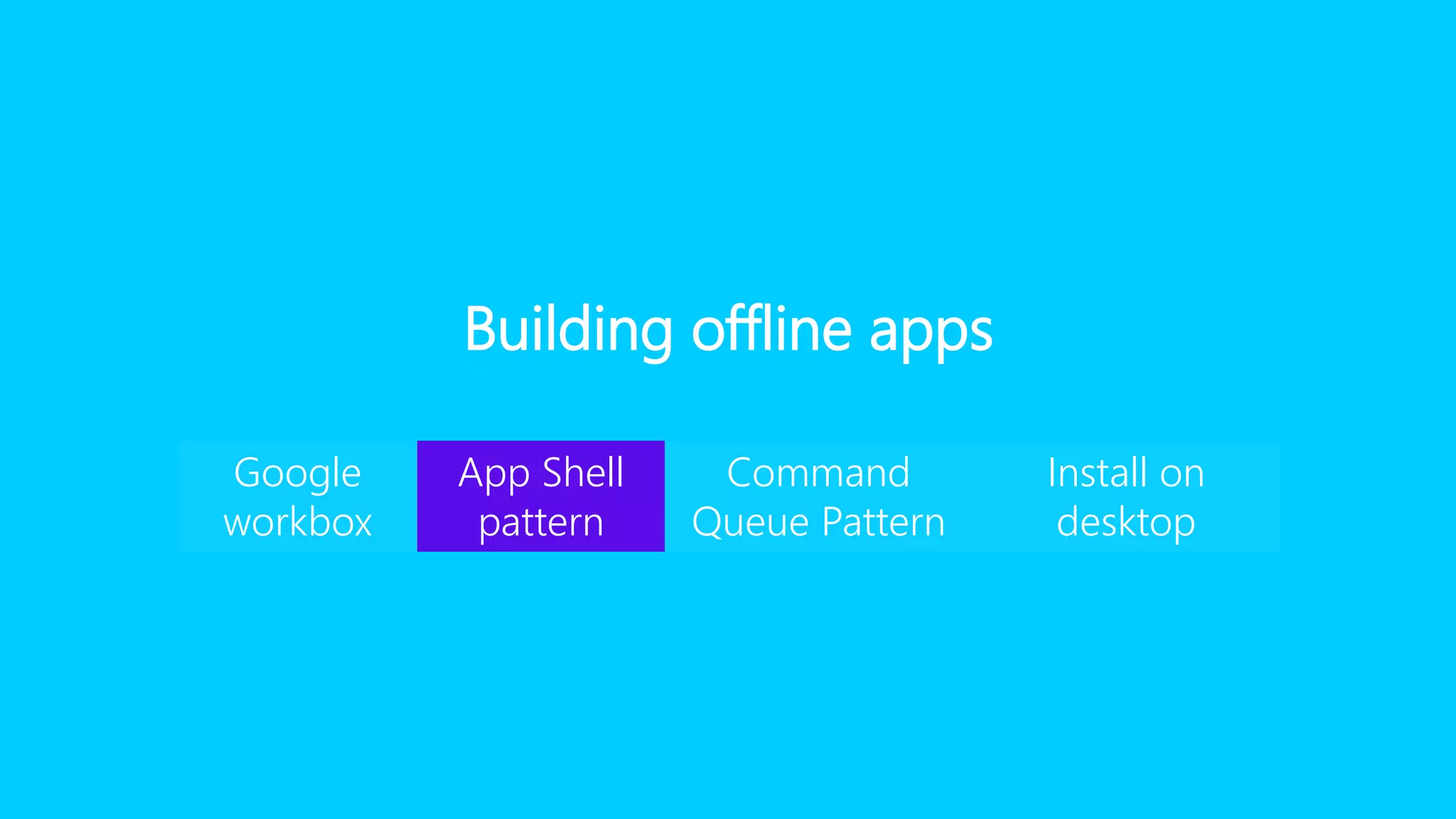 Building offline apps
Google
workbox
App Shell
pattern
Command
Queue Pattern
Install on
desktop
 