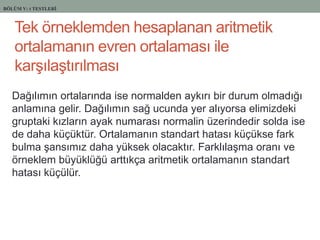 Dağılımın ortalarında ise normalden aykırı bir durum olmadığı
anlamına gelir. Dağılımın sağ ucunda yer alıyorsa elimizdeki
gruptaki kızların ayak numarası normalin üzerindedir solda ise
de daha küçüktür. Ortalamanın standart hatası küçükse fark
bulma Ģansımız daha yüksek olacaktır. FarklılaĢma oranı ve
örneklem büyüklüğü arttıkça aritmetik ortalamanın standart
hatası küçülür.
Tek örneklemden hesaplanan aritmetik
ortalamanın evren ortalaması ile
karĢılaĢtırılması
BÖLÜM V: t TESTLERİ
 