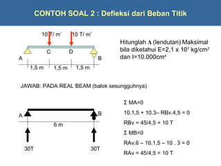 CONTOH SOAL 2 : Defleksi dari Beban Titik

           10 T/ m’      10 T/ m’
                                           Hitunglah ΔΔ (lendutan) titik C bila
                                           Hitunglah (lendutan) di Maksimal
                                           diketahui E=29.106 kg/cm2 dan
                                           bila diketahui E=2,1 x 107 kg/cm2
             C           D
                                           I=1000cm4
                                           dan I=10.000cm4
A                                      B
     1,5 m       1,5 m       1,5 m


JAWAB: PADA REAL BEAM (balok sesungguhnya)


                                            Σ MA=0

                                       B    10.1,5 + 10.3– RBv.4,5 = 0
A
                 6m                         RBv = 45/4,5 = 10 T
                                            Σ MB=0
                                            RAv.6 – 10.1,5 – 10 . 3 = 0
    30T                              30T
                                            RAv = 45/4,5 = 10 T
 