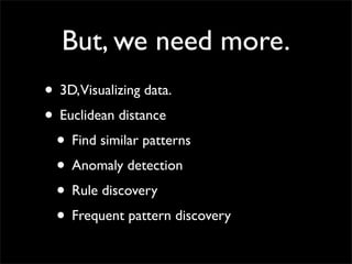 But, we need more.
• 3D,Visualizing data.
• Euclidean distance
 • Find similar patterns
 • Anomaly detection
 • Rule discovery
 • Frequent pattern discovery
 