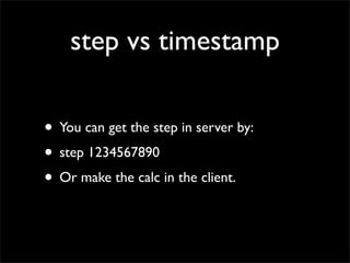 step vs timestamp

• You can get the step in server by:
• step 1234567890
• Or make the calc in the client.
 