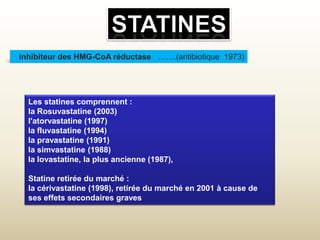 inhibiteur des HMG-CoA réductase …….(antibiotique 1973)
Les statines comprennent :
la Rosuvastatine (2003)
l'atorvastatine...