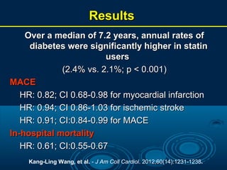 Results
Over a median of 7.2 years, annual rates of
diabetes were significantly higher in statin
users
(2.4% vs. 2.1%; p < 0.001)
MACE
HR: 0.82; CI 0.68-0.98 for myocardial infarction
HR: 0.94; CI 0.86-1.03 for ischemic stroke
HR: 0.91; CI:0.84-0.99 for MACE
In-hospital mortality
HR: 0.61; CI:0.55-0.67
Kang-Ling Wang, et al. - J Am Coll Cardiol. 2012;60(14):1231-1238.

 