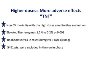 Higher doses= More adverse effects
                 “TNT”
Non CV mortality with the high doses need further evaluation

Elevated liver enzymes:1.2% vs 0.2% p<0.001

Rhabdomyolysis 2 cases(80mg) vs 3 cases(10mg)

5461 pts. were excluded in the run in phase
 