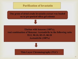 One gram of dried crude lovastatin extract was loaded
on to pre-packed silica gel column
Elution with benzene (100%),
And combination of Benzene: Acetonitrile in the following ratio
95:5, 90:10, 85:15, 80:20
Acetonitrile (100%)
Thin Layer Chromatography (TLC)
Purification of lovastatin
10
 