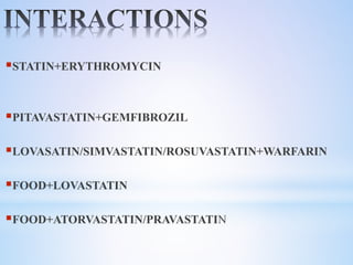 STATIN+ERYTHROMYCIN
PITAVASTATIN+GEMFIBROZIL
LOVASATIN/SIMVASTATIN/ROSUVASTATIN+WARFARIN
FOOD+LOVASTATIN
FOOD+ATORVASTATIN/PRAVASTATIN
 