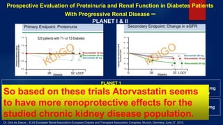 Prospective Evaluation of Proteinuria and Renal Function in Diabetes Patients
With Progressive Renal Disease –
PLANET I & II
Dr. Dick de Zeeuw , XLVII European Renal Association-European Dialysis and Transplant Association Congress; Munich, Germany, June 27, 2010.
PLANET 1
Δ UPC ratio decreased by 12.6% with atorvastatin 80 mg(p = 0.033) and <5% with rosuvastatin 40 & 10 mg
Δ eGFR:No change in atorvastatin group; -7.29 & -3.70 ml/min with rosuvastatin 10 & 40 mg respectively
PLANET 2
UPC ratio decreased by 24.1% with atorvastatin 80 mg(p = 0.033) and <10% with rosuvastatin 40 & 10 mg
Δ eGFR:No change with atorvastatin & rosuvastatin 10 mg ; -3.3 ml/min with rosuvastatin 40 mg
respectively
So based on these trials Atorvastatin seems
to have more renoprotective effects for the
studied chronic kidney disease population.
 