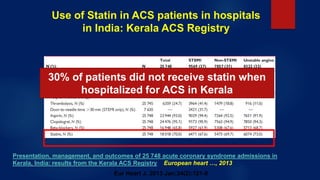 Use of Statin in ACS patients in hospitals
in India: Kerala ACS Registry
Eur Heart J. 2013 Jan;34(2):121-9
30% of patients did not receive statin when
hospitalized for ACS in Kerala
Presentation, management, and outcomes of 25 748 acute coronary syndrome admissions in
Kerala, India: results from the Kerala ACS Registry European heart …, 2013
 