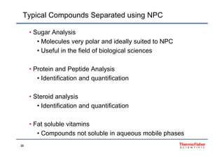Typical Compounds Separated using NPC
• Sugar Analysis
• Molecules very polar and ideally suited to NPCMolecules very polar and ideally suited to NPC
• Useful in the field of biological sciences
• Protein and Peptide Analysis
• Identification and quantificationIdentification and quantification
• Steroid analysis• Steroid analysis
• Identification and quantification
• Fat soluble vitamins
• Compounds not soluble in aqueous mobile phases
22
• Compounds not soluble in aqueous mobile phases
 