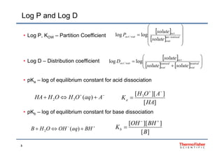 Log P and Log D

• Log P, KOW – Partition Coefficient
 
  









 ionisedun
wat
oct
watoct
solute
solute
P loglog /
• Log D Distribution coefficient

 






 octsolute
D loglog• Log D – Distribution coefficient
pK log of eq ilibri m constant for acid dissociation
    




 
 neutral
wat
ionised
wat
watoct
solutesolute
D loglog /
• pKa – log of equilibrium constant for acid dissociation

 AaqOHOHHA )(
]][[ 3 AOH
K

• pKb – log of equilibrium constant for base dissociation
 AaqOHOHHA )(32
][
3
HA
Ka 
b

 BHaqOHOHB )(2
][
]][[
B
BHOH
Kb


3
][B
 