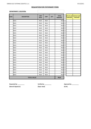 EMDAD GULF CATERING LOGISTICS L.L.C.                                                                         07/13/2011

                                       REQUISITION FOR STATIONARY ITEMS

   DEPARTMENT / LOCATION:


                                                 UNIT                        TOTAL        QTY OF LAST DATE OF LAST
   S/NO                 DESCRIPTION                           UNIT   QTY.
                                                 RATE                       AMOUNT         PURCHASE    PURCHASE

          #N/A                                   #N/A      #N/A                 #N/A
          #N/A                                   #N/A      #N/A                 #N/A
          #N/A                                   #N/A      #N/A                 #N/A
          #N/A                                   #N/A      #N/A                 #N/A
          #N/A                                   #N/A      #N/A                 #N/A
          #N/A                                   #N/A      #N/A                 #N/A
          #N/A                                   #N/A      #N/A                 #N/A
          #N/A                                   #N/A      #N/A                 #N/A
          #N/A                                   #N/A      #N/A                 #N/A
          #N/A                                   #N/A      #N/A                 #N/A
          #N/A                                   #N/A      #N/A                 #N/A
          #N/A                                   #N/A      #N/A                 #N/A
          #N/A                                   #N/A      #N/A                 #N/A
          #N/A                                   #N/A      #N/A                 #N/A
          #N/A                                   #N/A      #N/A                 #N/A
          #N/A                                   #N/A      #N/A                 #N/A
          #N/A                                   #N/A      #N/A                 #N/A
          #N/A                                   #N/A      #N/A                 #N/A
          #N/A                                   #N/A      #N/A                 #N/A
          #N/A                                   #N/A      #N/A                 #N/A
          #N/A                                   #N/A      #N/A                 #N/A
          #N/A                                   #N/A      #N/A                 #N/A
          #N/A                                   #N/A      #N/A                 #N/A

                                 TOTAL VALUE                                 #N/A



   Requested by: __________                    Verified by: __________                 Approved by: __________
   (Name & Signature)                          (Dept. Head)                            (G.M.)
 