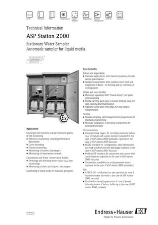 TI059R/09/en
No. 50092270
Technical Information
ASP Station 2000
Stationary Water Sampler
Automatic sampler for liquid media
8
Application
Municipal and industrial sewage treatment plants:
• Self monitoring
• Efficiency monitoring; cleaning performance
determined
• Curve recording
• Process monitoring
• Monitoring of indirect dischargers
• Monitoring of wastewater network
Laboratories and Water Conservancy Boards:
• Hydrology and drinking water supply (e.g. dam
monitoring)
• Monitoring of direct and indirect dischargers
Monitoring of liquid media in industrial processes.
Your benefits
Robust and dependable
• Stainless steel cabinet with foamed insulation, for safe
sample preservation
• Sample compartment with seamless inner shell and
evaporator in foam - no freezing and no corrosion of
cooling plates
Simple and user-friendly
• Menu-led operation with “Quick-Setup”, for quick
commissioning
• Media-carrying parts easy to mount without tools, for
easy cleaning and maintenance
• Separate bottle trays with grips, for easy sample
transportation
Flexible
• Parallel sampling, switching and event programmes for
practical programming
• Modular installation of electrical components for
extended functions
Communicative
• Integrated data logger, for recording measured values
(e.g. pH value) and sample statistics (standard in the
case of ASP station 2000 peristaltic, optional in the
case of ASP station 2000 vacuum)
• RS232 interface for configuration, data transmission
and read-outs from internal data logger (optional in the
case of ASP station 2000 vacuum)
• Profibus-DP interface, for connection and control with
control systems (optional in the case of ASP station
2000 vacuum)
• Connection possibility for multiparameter sensor
(optional in the case of ASP station 2000 peristaltic)
Safe
• ATEX II 3G certification for safe operation in zone 2
hazardous areas (optional in the case of ASP station
2000 vacuum)
• Trouble-free sampling operation in case of power
failure by means of battery buffering in the case of ASP
station 2000 peristaltic
 