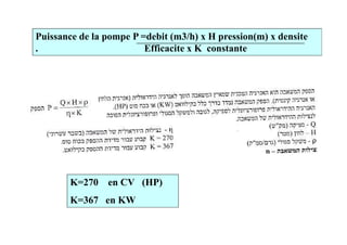 Puissance de la pompe P =debit (m3/h) x H pression(m) x densite
. Efficacite x K constante
K=270 en CV (HP)
K=367 en KW
 