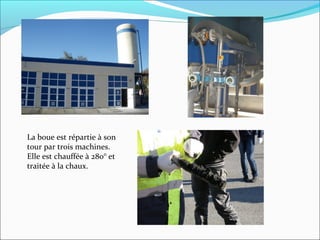 La boue est répartie à son
tour par trois machines.
Elle est chauffée à 280° et
traitée à la chaux.
 