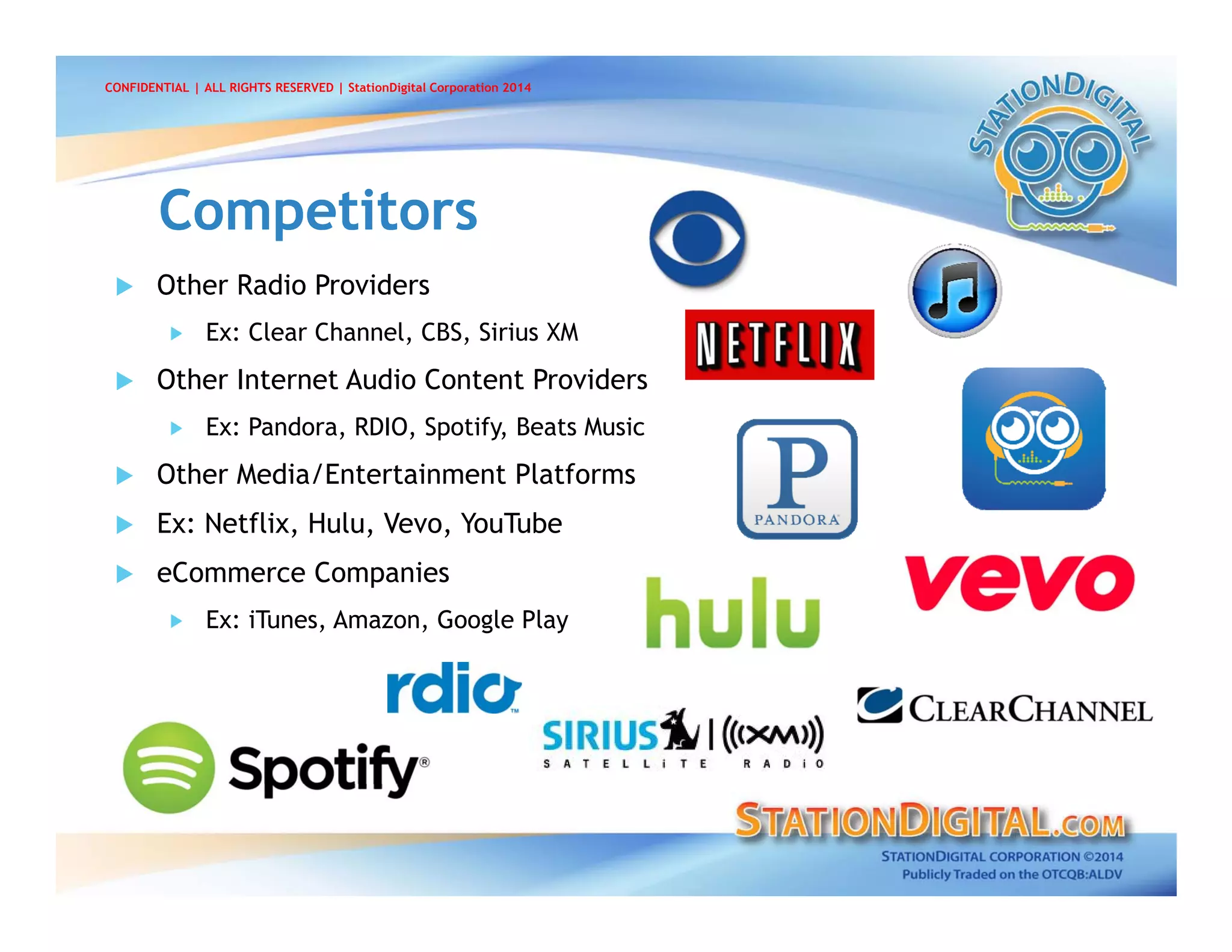  Other Radio Providers
Ex: Clear Channel, CBS, Sirius XM
 Other Internet Audio Content Providers
Ex: Pandora, RDIO, Spotify, Beats Music
 Other Media/Entertainment Platforms
 Ex: Netflix, Hulu, Vevo, YouTube
 eCommerce Companies
Ex: iTunes, Amazon, Google Play
CompetitorsCompetitors
CONFIDENTIAL | ALL RIGHTS RESERVED | StationDigital Corporation 2014
 