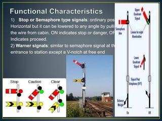 1) Stop or Semaphore type signals: ordinary position is
Horizontal but it can be lowered to any angle by pulling
the wire from cabin. ON indicates stop or danger, OFF
Indicates proceed.
2) Warner signals: similar to semaphore signal at the
entrance to station except a V-notch at free end
 
