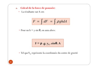 21
a. Calcul de la force de poussée:
y La résultante surA est:
y Pour un h = y sin , on aura alors:
y Tel queYG représente la coordonnée du centre de gravité
∫
∫ ghdA
dF
F
F = ρ .g. yG .sinθ. A
 