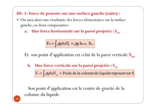 29
III- 3- Force de poussée sur une surface gauche (suite) :
y On aura alors une résultante des forces élémentaires sur la surface
gauche, en deux composantes:
a. Une force horizontale sur la paroi projetée : Sxz
Et son point d’application est celui de la paroi verticale Sxz
b. Une force verticale sur la paroi projetée : Sxy
Son point d’application est le centre de gravité de la
colonne du liquide
∫ S
h
g
F xz
G/Sy
H Y
ghdS
S
sur
reposant
liquide
du
colonne
la
de
Poids
Fz
∫ xy
ghdS
 