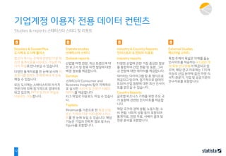 12
Dossiers & DossierPlus
도시에 & 도시에 플러스
찾고자 하시는 주제에 관련된 가장 최
신의 통계자료를 다운로드 가능한 하
나의 파일로 만나보실 수 있습니다.
다양한 통계자료를 한 눈에 보시며 자
료조사를 원하는 주제에 빠르게 친숙
해질 수 있습니다.
모든 도시에는 스태티스타의 리서치
전문가에 의해 정기적으로 업데이트
되고 있으며, PPTX 및 PDF 파일로
다운로드 가능합니다.
Studies & reports 스태티스타 스터디 및 리포트
Statista studies
스태티스타 스터디
Outlook reports
산업별 마켓 전망, 최신 트렌드에 대
한 보고서 및 향후 마켓 발달에 대한
배경 정보를 제공합니다.
Surveys
스태티스타 Consumer and
Business Insights 팀이 자체적으
로 실시한 소비자 및 전문가 서베이
데이터를 제공합니다.
XLS 파일로 다운로드 하실 수 있습니
다.
Toplists
Revenue를 기준으로 한 특정 산업
또는 지역의 TOP 100 컴퍼니 리스
트를 한 눈에 보실 수 있습니다. 해당
기능은 기업의 연락처 정보 및 Key
figure를 포함합니다.
Industry & Country Reports
인더스트리 & 컨트리 리포트
Industry reports
다양한 산업에 관한 가장 중요한 정보
를 통합하여 산업 현황 및 동향, 그리
고 전망에 대한 데이터를 제공합니다.
데이터는 다이어그램 및 표 형식으로
제공되고 있으며, 정기적으로 업데이
트되어 산업 동향에 대한 최신 인사이
트를 얻으실 수 있습니다.
Country Reports
글로벌 비즈니스 기회를 위한 주요 국
가 동향에 관련된 인사이트를 제공합
니다.
해당 국가의 경제 상황, 노동시장, 소
비 현황, 사회적 상황 등이 포함되며
통계자료, 전망 자료, 서베이 결과 및
전문 분석을 포함합니다.
External Studies
엑스터널 스터디
특정 주제의 폭넓은 이해를 돕는
인사이트를 제공하는 41,000 개
의 외부 연구자료가 제공되고 있
으며, 해당 연구 자료에는 170개
이상의 산업 분야에 걸친 마켓 리
서치 전문가, 기업 및 공공기관의
연구자료를 포함합니다.
기업계정 이용자 전용 데이터 컨텐츠
 