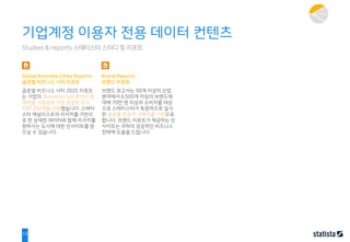 13
Global Business Cities Reports
글로벌 비즈니스 시티 리포트
글로벌 비즈니스 시티 2025 리포트
는 기업의 ‘Business hub‘로서의 잠
재력을 기준으로 가장 유망한 도시
TOP 200개를 선정했습니다. 스태티
스타 애널리스트의 리서치를 기반으
로 한 상세한 데이터와 함께 리서치를
원하시는 도시에 대한 인사이트를 얻
으실 수 있습니다.
Studies & reports 스태티스타 스터디 및 리포트
Brand Reports
브랜드 리포트
브랜드 보고서는 50개 이상의 산업
분야에서 6,500개 이상의 브랜드에
대해 70만 명 이상의 소비자를 대상
으로 스태티스타가 독점적으로 실시
한 글로벌 컨슈머 서베이를 기반으로
합니다. 브랜드 리포트가 제공하는 인
사이트는 귀하의 성공적인 비즈니스
전략에 도움을 드립니다.
기업계정 이용자 전용 데이터 컨텐츠
 